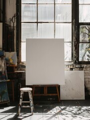 Blank white canvas frame for painting Located in the middle of an empty studio
