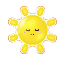 Sugar sun shaped cookie with a sleeping face. Gingerbread with royal icing for party, event, baby shower, birthday