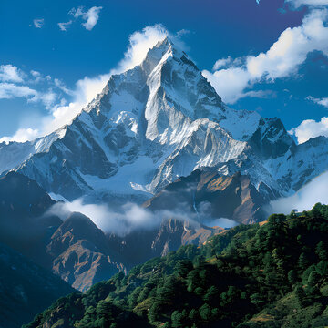 mountain range, with majestic peaks reaching up to the sky and a pristine lake reflecting.