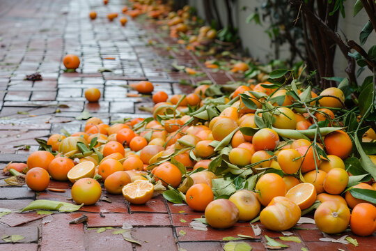 Conceptual messy pile of mandarins covering entire brick walkway corner to corner.