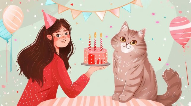 Cute girl in red next to an English short hair cat celebrating birthday illustration