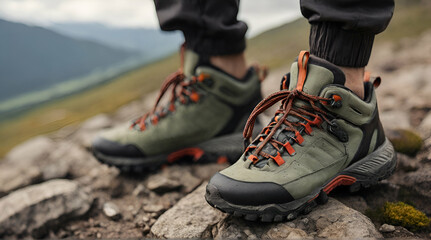 Close up sneakers in the mountain climbing. Genrative.ai
