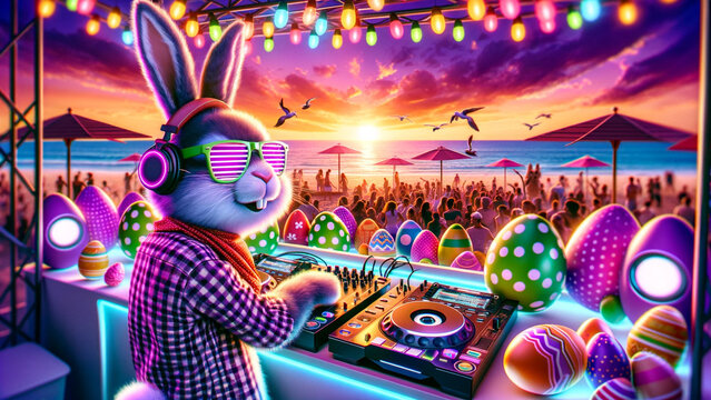 A cool Easter Bunny wearing neon sunglasses, DJing at a lively beach party with Easter eggs and decorations adorning the DJ booth, under a vibrant sunset.