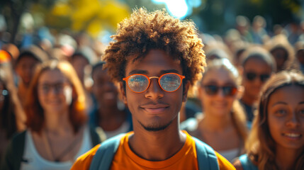 Embracing Differences Young Person's Portrait and a Multiracial Group in the Background - obrazy, fototapety, plakaty