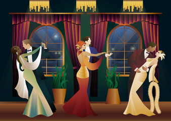 Man and woman dancing on the background of a window and lanterns, party, art deco, couple in retro style