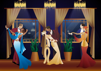 Man and woman dancing on the background of a window and lanterns, party, art deco, couple in retro style