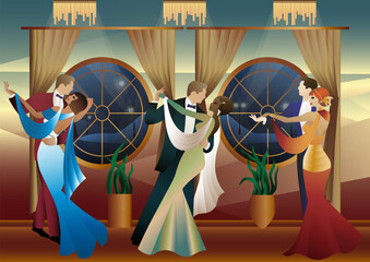 Man and woman dancing on the background of a window and lanterns, party, art deco, couple in retro style