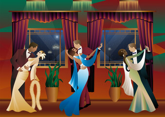 Man and woman dancing on the background of a window and lanterns, party, art deco, couple in retro style