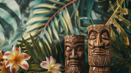 Fototapeta na wymiar Tropical Tahiti drink in Tiki mask cups on floral backdrop