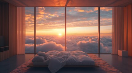 Fototapeta premium A curved minimalist luxury hygge bedroom above clouds