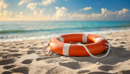 Lifebuoy on sandy beach symbolizes help and support in life's challenge