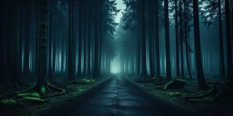 A dimly lit road winds through a dense forest of towering trees and shadows