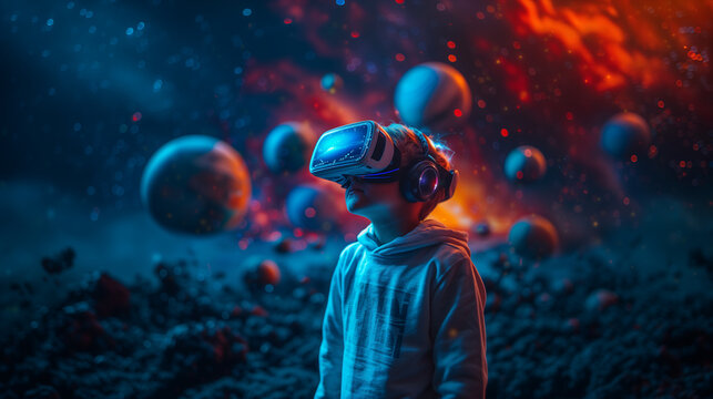 Future Scientist Child Engages with Solar System Using VR Glasses