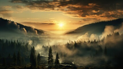 a large forest under a misty cloud, prairiecore, swirling vortexes, spiky mounds, golden light, environmental activism - obrazy, fototapety, plakaty