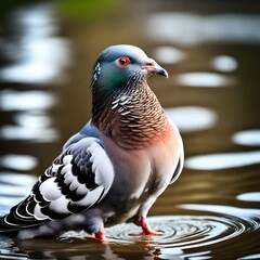 A pigeon stands in a pond, surrounded by ripples