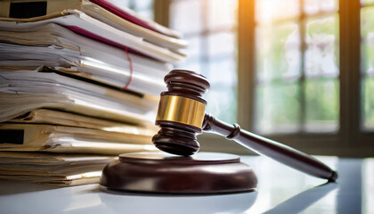 Piles of judicial court files with gavel on white table under bright backlight, symbolizing legal system's weight and deliberation