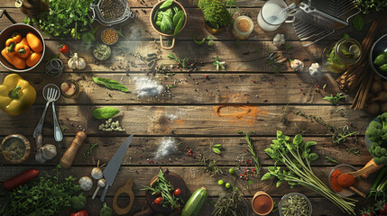 High Angle View of Rustic Wooden Kitchen Table with Cooking Ingredients - obrazy, fototapety, plakaty