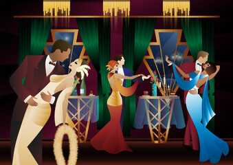 Man and woman dancing on the background of a window and lanterns, party, art deco, couple in retro style