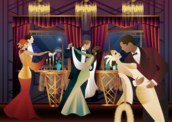 Man and woman dancing on the background of a window and lanterns, party, art deco, couple in retro style