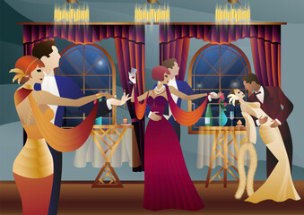 Man and woman dancing on the background of a window and lanterns, party, art deco, couple in retro style