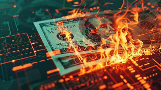 An AI illustrator creating a digital image of a burning dollar bank