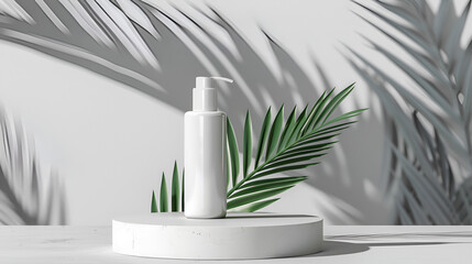 Minimal cosmetic background for product presentation, Cosmetic bottle podium and green palm leaf on grey color background. White cosmetic shampoo dispenser bottle mockup, Generative Ai  - obrazy, fototapety, plakaty