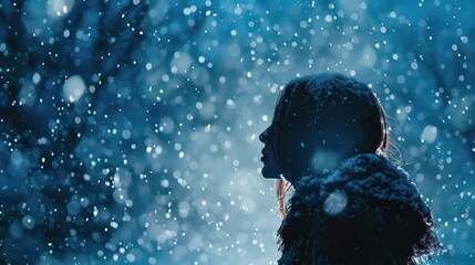 Fototapeta premium A woman stands alone amidst falling snow, her face visible, capturing a romantic, lonely, and dramatic moment in this captivating photography
