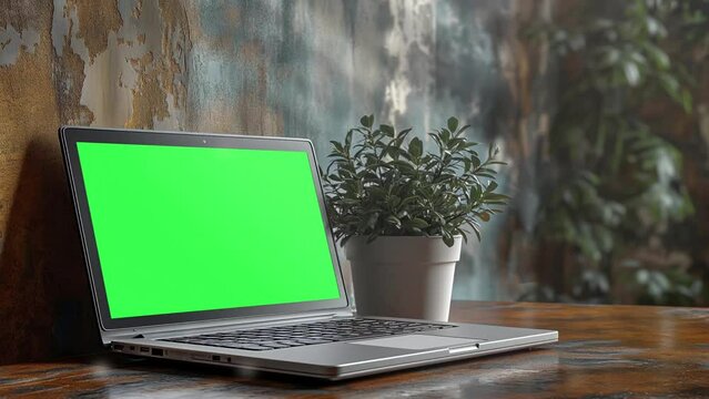Zoom out animation of Laptop with blank green screen with trees moving. Home interior background