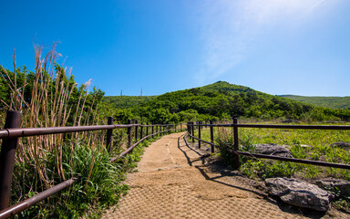 Fototapeta na wymiar Landscape view of hiking trail in Mount Mudeungsan, Gwangju, South Korea.