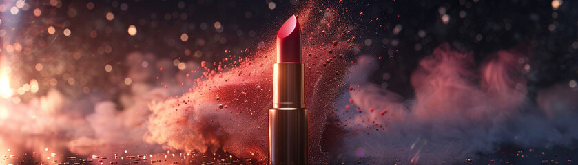 Craft a unique 3D animated scene where lipstick and a powder burst are the focal points set against...