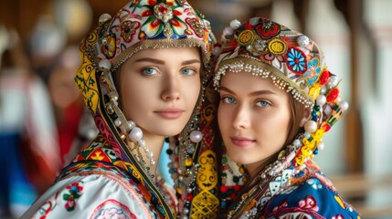 Fototapeta premium Two women in traditional clothing posing for a picture