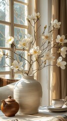 A vase with white flowers on a table in front of a window