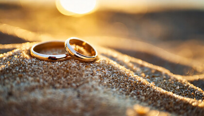 Wedding rings gleam on sandy beach under radiant backlight, symbolizing eternal love and commitment - obrazy, fototapety, plakaty