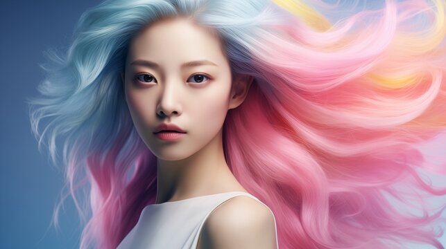a close-up image of a beautiful Asian woman showcasing pastel colorful hair.  