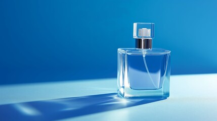 Elegant perfume bottle on a serene blue background with light rays.