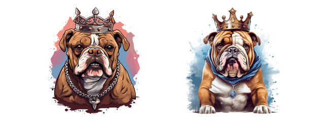 Royal Bulldogs: Majestic Illustration of Crowned Bulldog and Regal Dog with Sign, Symbolizing Nobility and Loyalty in Vector