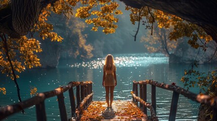 A woman is standing on a bridge over the water