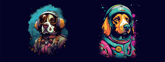 Adorable Dogs in Space: A Vibrant Vector Illustration of Two Canines Dressed as an Astronaut and a Pilot, Set Against a Cosmic