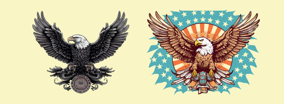 Two Artistic Illustrations of Eagles: A Detailed Monochromatic and a Colorful with American Patriotic