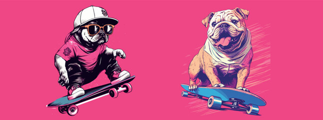 Skateboarding Bulldog and Child in Stylish Outfits on Vibrant Pink Background, Vector Illustration for Urban Street