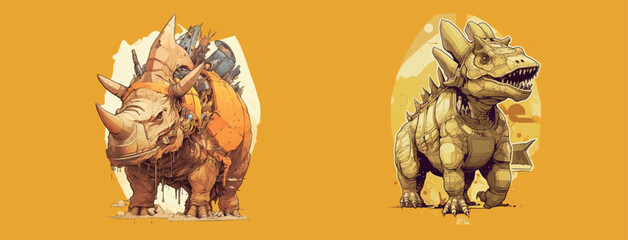 Fantasy Illustration of Warriors Riding Armored Dinosaurs, Detailed Artwork for Gaming and Adventure
