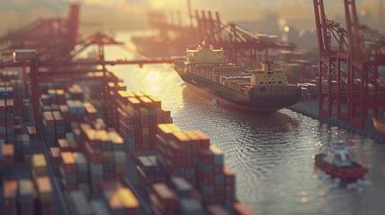 Design a 3D animation featuring a cargo ship unloading containers against a backdrop of a busy port