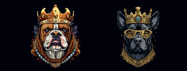 Royal Dog and Crest: A Majestic French Bulldog Wearing a Crown and Golden Glasses Next to an Elegant Shield Embellished