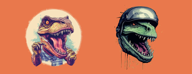Dinosaurs A Fierce T-Rex in a Suit and a Raptor Wearing a Helmet, Artistic Illustration for Modern Decor