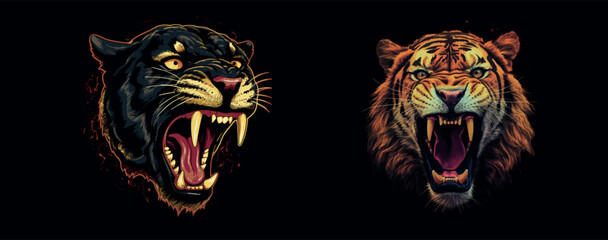 Fierce and Majestic: Detailed Vector Illustrations of a Roaring Black Panther and Tiger on a Dark