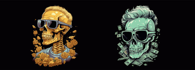 Stylish Skull with Sunglasses and Roses, and a Censored Face Surrounded by Money - Vector Illustration for Modern Art - obrazy, fototapety, plakaty