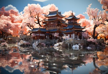 a large square with a temple and trees, in the style of village, glazed surfaces, historical imagery