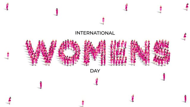 8 March happy international women's day concept. A large group of people in pink form to create the word womens. 4K Video Animation.