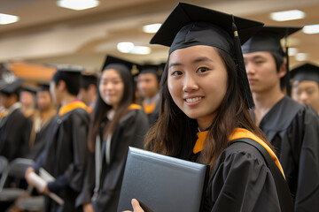 Obraz premium Portrait of Asian girl student graduate during graduation indoor ceremony at university, proud college woman holding her diploma and wearing graduation cap and gown
