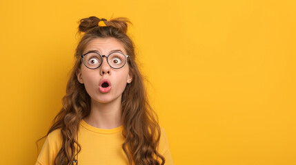 Curious Teen Spirit: Teenage Girl Expressing Curiosity and Wonder - Isolated on Solid Background with Copy Space - obrazy, fototapety, plakaty